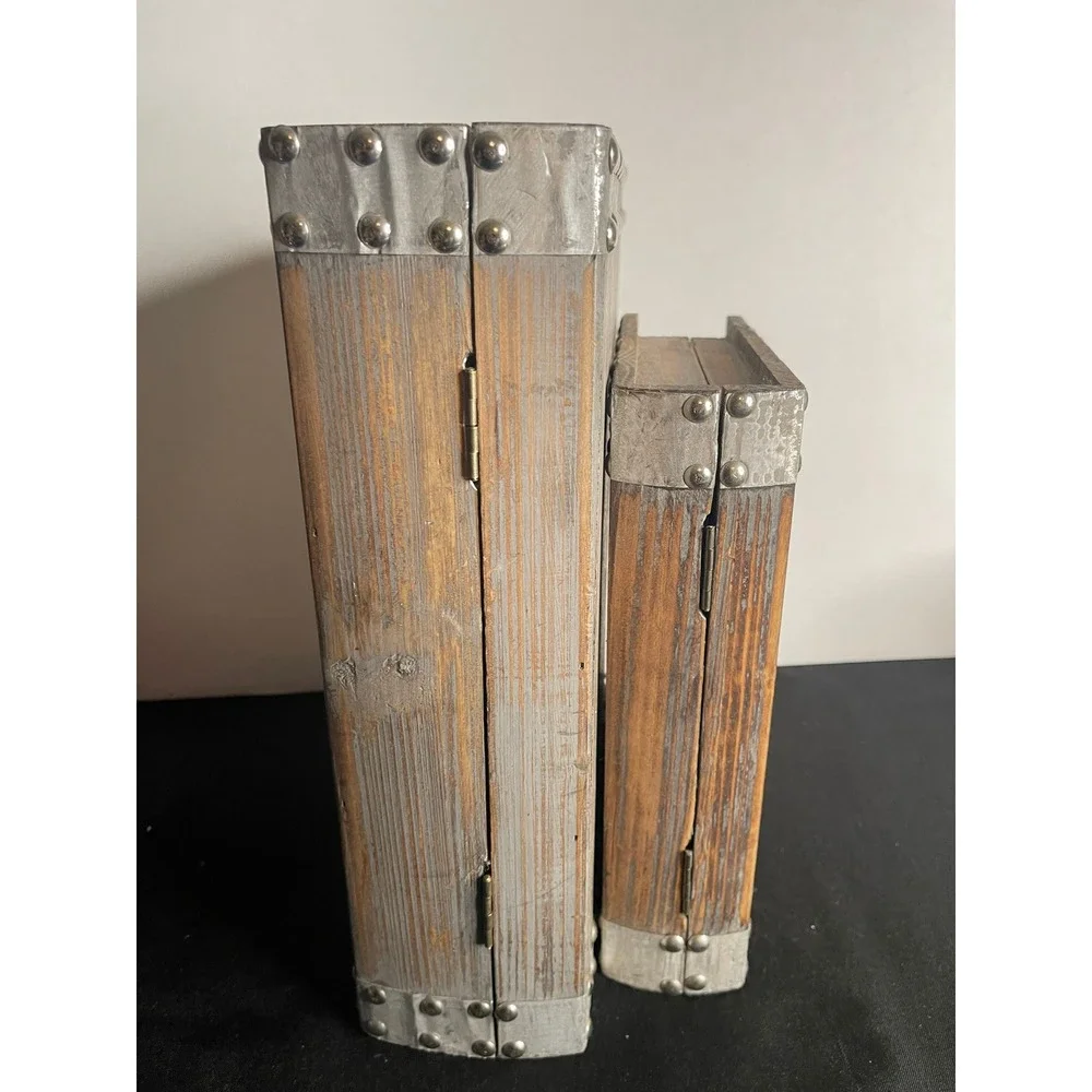 Rustic Wooden Book Box Set 2pc Industrial Metal Stud Decorative Storage Trunks‎
